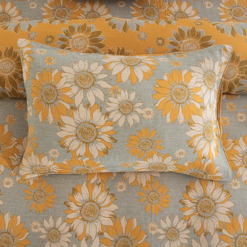 Vintage Sunflower Orange Cotton Bedding Set - Light Gray - 20" x 37" - 2PCS Pillowcases - image 29