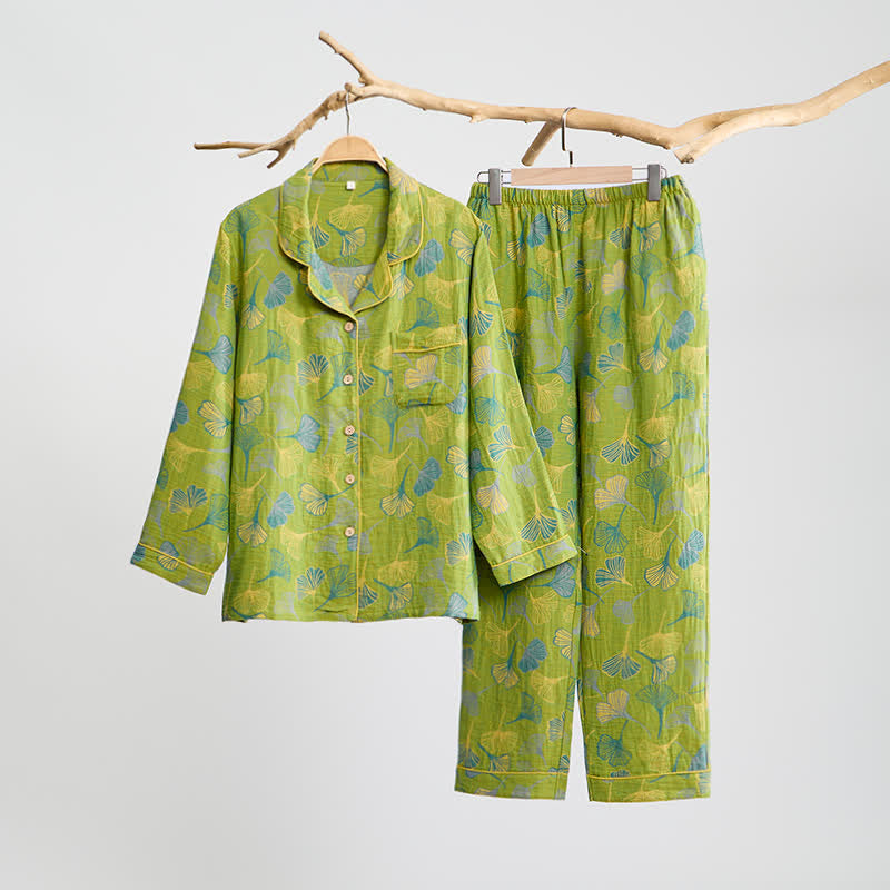 Nature‑Inspired Ginkgo Leaf Cotton Loungewear Set - Green - XL - image 1