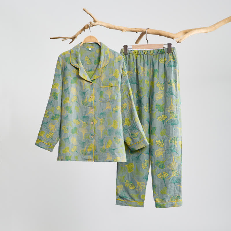 Nature‑Inspired Ginkgo Leaf Cotton Loungewear Set - Light Gray - XL - image 11