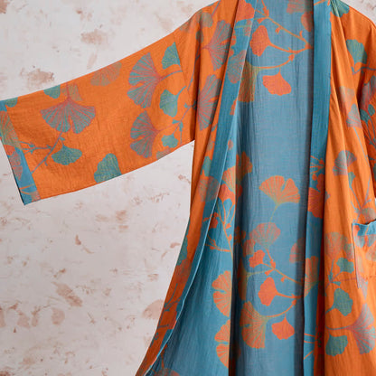 Retro Ginkgo Leaf Cotton Kimono Robe - image 3