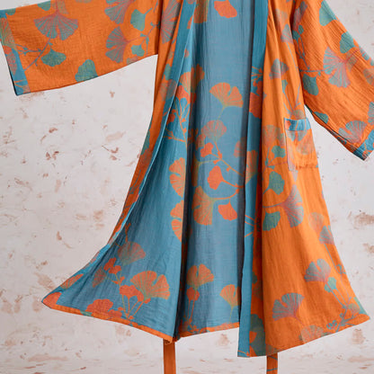 Retro Ginkgo Leaf Cotton Kimono Robe - image 5