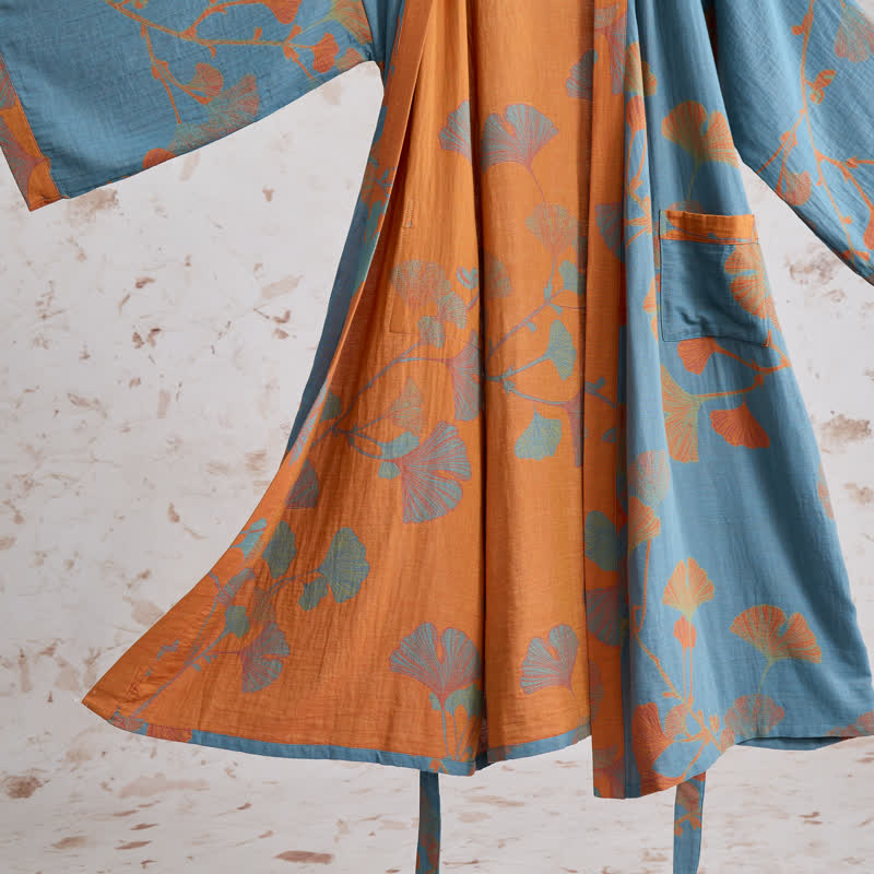 Retro Ginkgo Leaf Cotton Kimono Robe - image 13