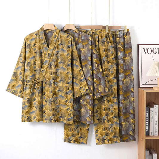 Vintage Ginkgo Leaf Cotton Kimono Pajama Set - image 0