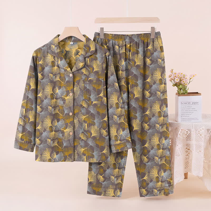 Ginkgo Leaf Notch Collar Pajama Set - Light Brown - XL - image 6
