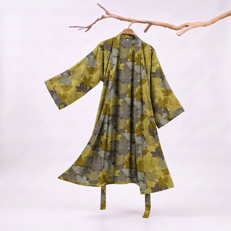 Autumn Maple Leaf Cotton Kimono Robe - Yellow & Gray - XXL - image 11
