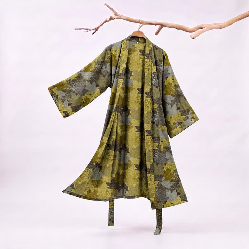 Autumn Maple Leaf Cotton Kimono Robe - Gray & Yellow - XXL - image 17