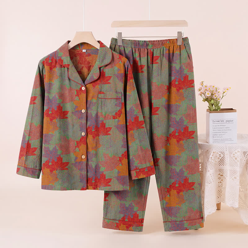 Fall Maple Leaf Cotton Loungewear Set - Green & Red - XL - image 7