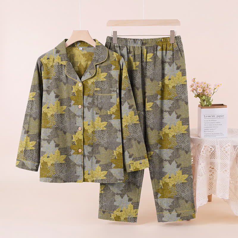 Fall Maple Leaf Cotton Loungewear Set - Gray & Yellow - XL - image 21
