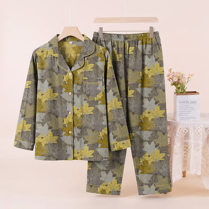 Fall Maple Leaf Cotton Loungewear Set - Gray & Yellow - XL - image 21