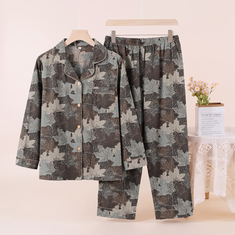 Fall Maple Leaf Cotton Loungewear Set - Brown & Gray - XL - image 42