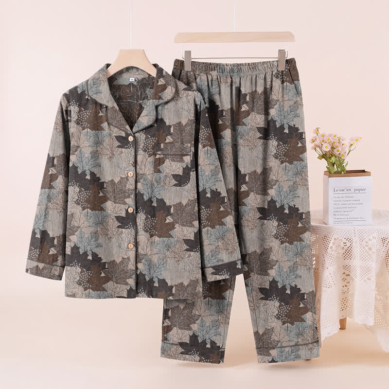 Fall Maple Leaf Cotton Loungewear Set - Gray & Brown - XL - image 49