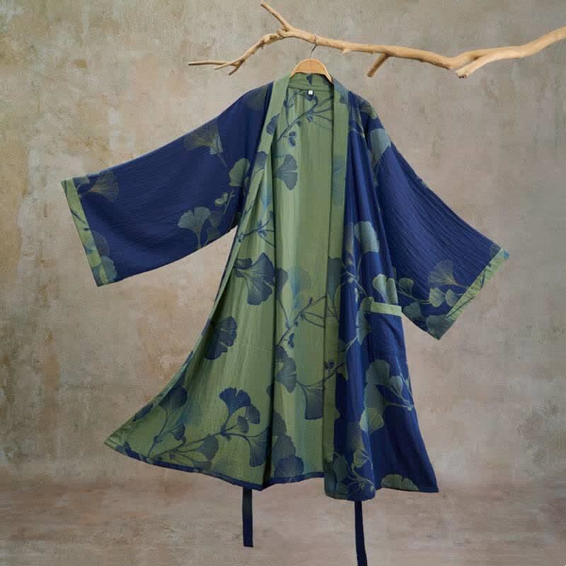 Retro Ginkgo Leaf Cotton Kimono Robe - Deep Blue & Grass green - XL - image 8