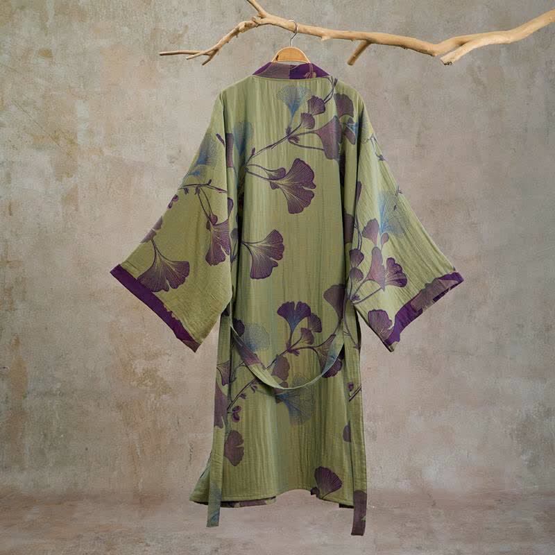 Retro Ginkgo Leaf Cotton Kimono Robe - image 24