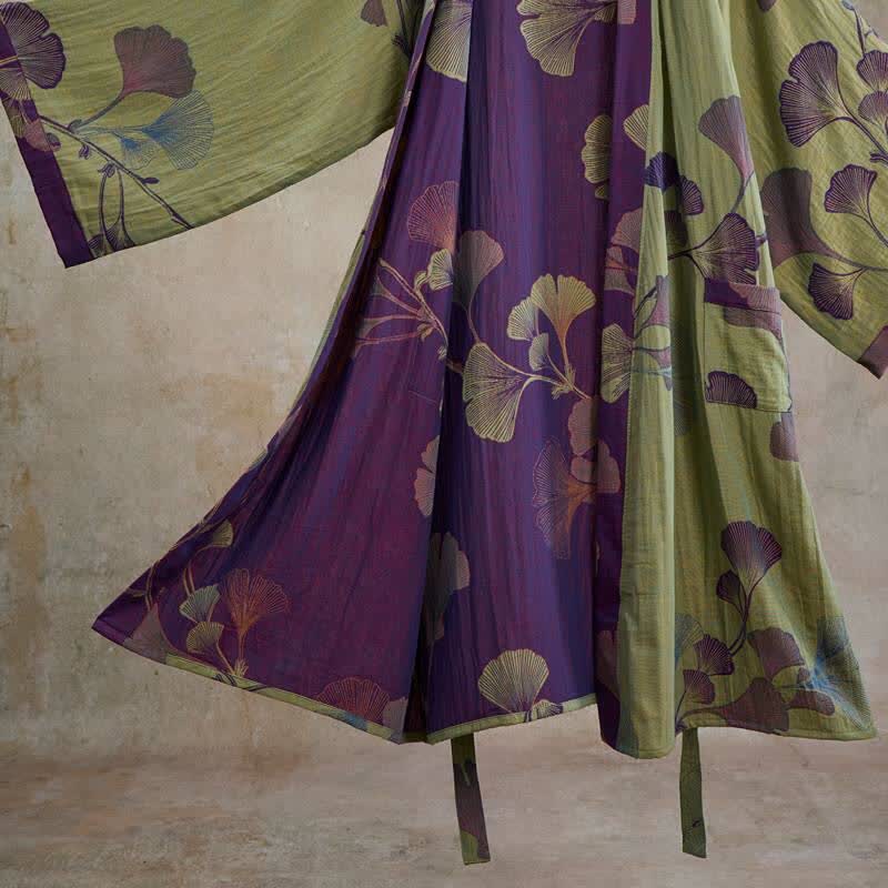 Retro Ginkgo Leaf Cotton Kimono Robe - image 25
