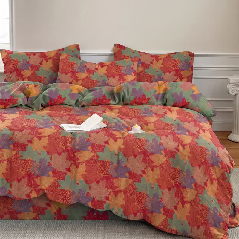 Colorful Maple Leaf Cotton Duvet Cover Bedding Set - image 1