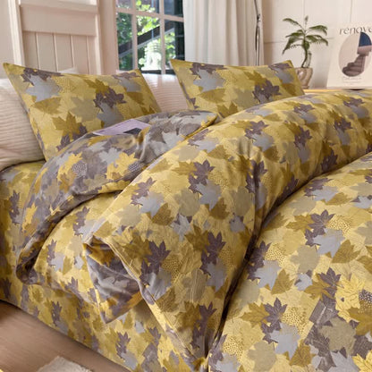 Colorful Maple Leaf Cotton Duvet Cover Bedding Set - Yellow & Gray - Bedding Set(4PCS) - King - image 7