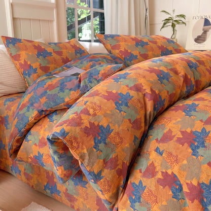 Colorful Maple Leaf Cotton Duvet Cover Bedding Set - Orange & Blue - Bedding Set(4PCS) - King - image 14