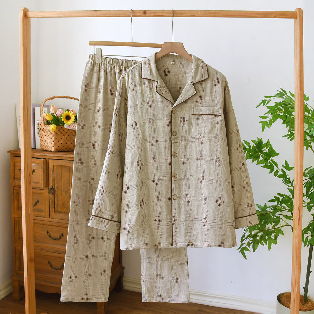 Heritage Cotton Gauze Check Pajama Set - Khaki - XL - image 1
