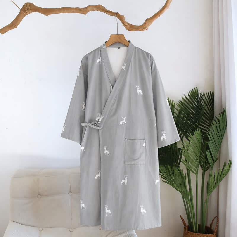 Couple Deer Cotton Gauze Kimono Bathrobe - Blue - L - image 11