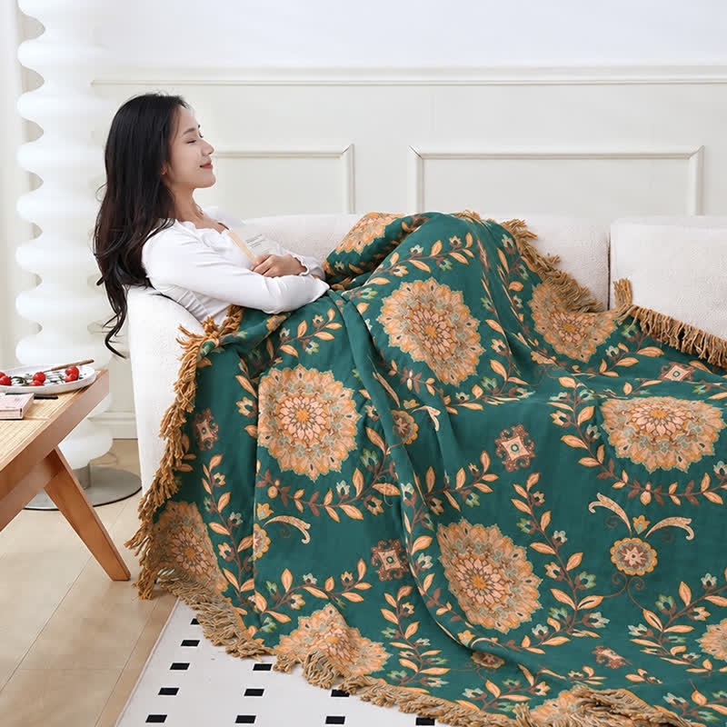 Cotton Gauze Floral Reversible Tassel Quilt - image 9