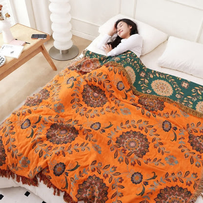 Cotton Gauze Floral Reversible Tassel Quilt - Dark Blue & Orange - Queen - image 6
