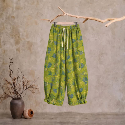Green Ginkgo Leaf Cotton Pajama Pants - Green - XL - image 0