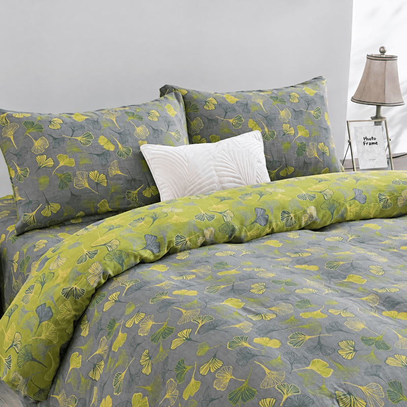 Vintage Green Ginkgo Leaf Cotton Reversible Bedding Set - Light Gray - 2PCS Pillowcases - 20" x 37" - image 16