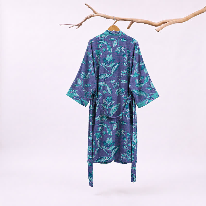 Blue & Purple Leaf Cotton Kimono Robe - image 7