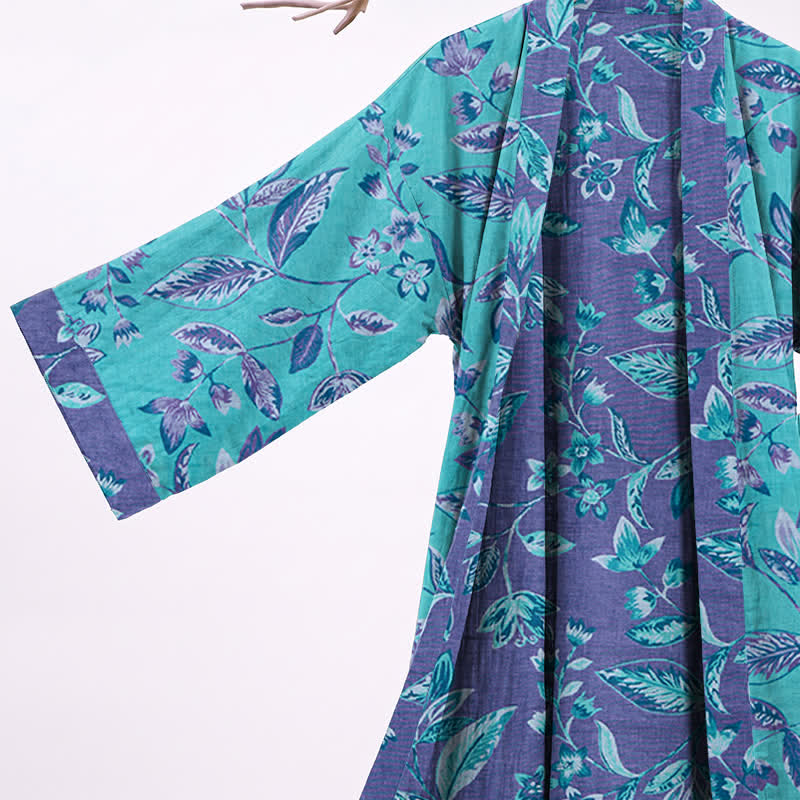 Blue & Purple Leaf Cotton Kimono Robe - image 3