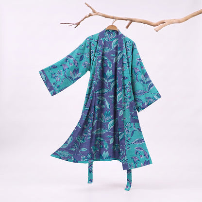 Blue & Purple Leaf Cotton Kimono Robe - Blue - XL - image 0