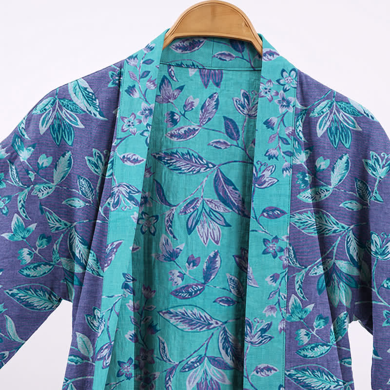 Blue & Purple Leaf Cotton Kimono Robe - image 8