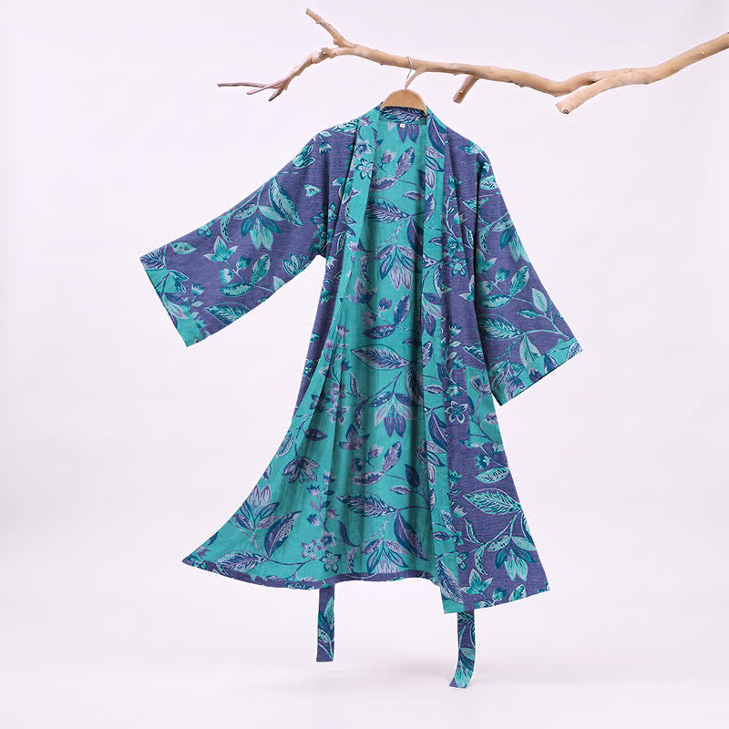Blue & Purple Leaf Cotton Kimono Robe - Purple - XL - image 6