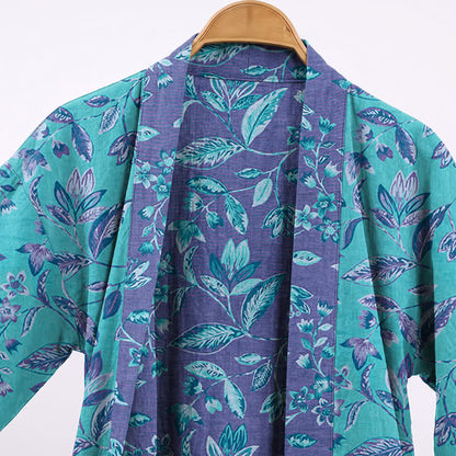 Blue & Purple Leaf Cotton Kimono Robe - image 2