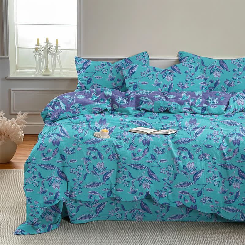 Blue & Purple Leaf Cotton Duvet Cover Bedding Set - image 1