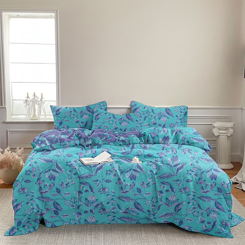 Blue & Purple Leaf Cotton Duvet Cover Bedding Set - image 4