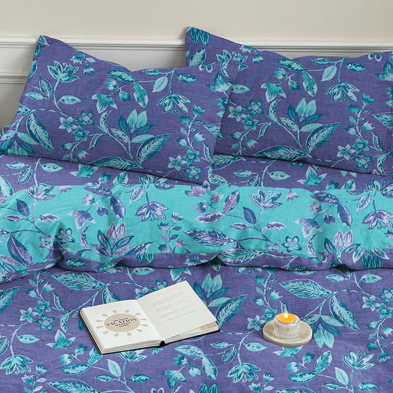 Blue & Purple Leaf Cotton Duvet Cover Bedding Set - image 17