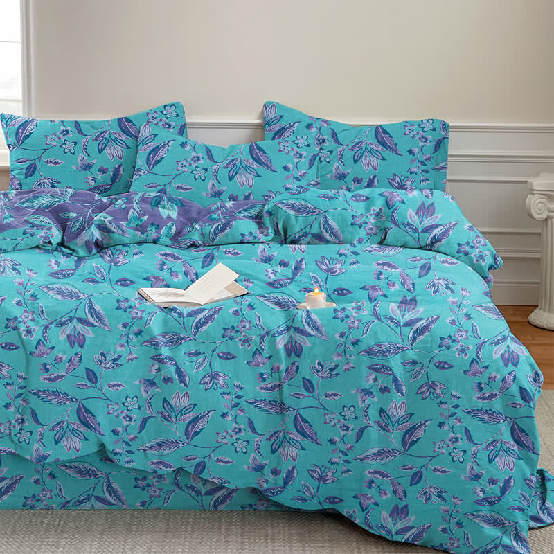 Blue & Purple Leaf Cotton Duvet Cover Bedding Set - image 2