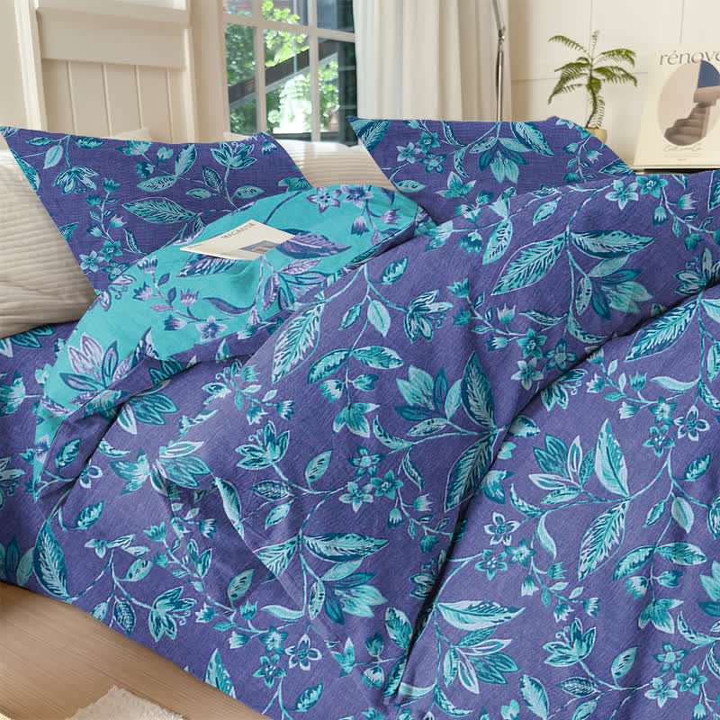 Blue & Purple Leaf Cotton Duvet Cover Bedding Set - Purple - Bedding Set（4PCS） - King - image 9