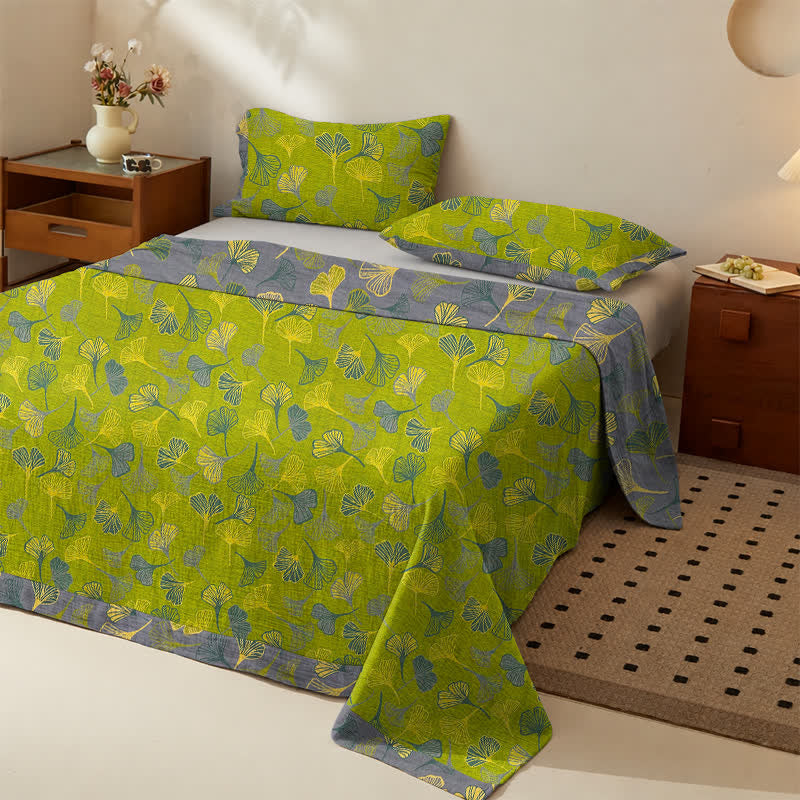 Vintage Green Ginkgo Leaf Cotton Bedspread Set - image 1
