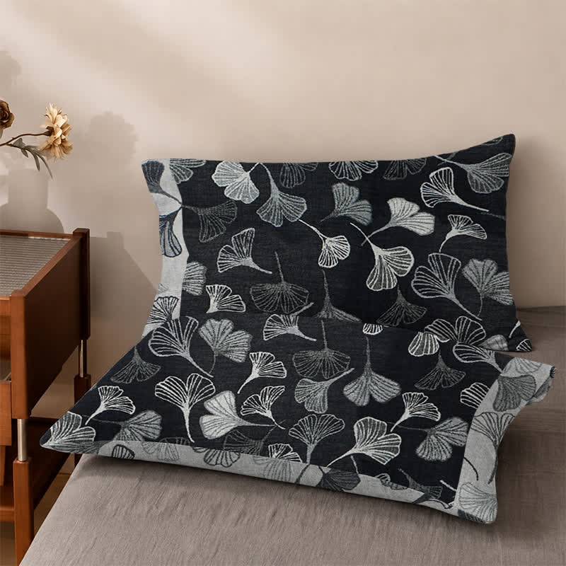 Vintage Black Ginkgo Leaf Reversible Cotton Bedding Set - Black - 2PCS Pillowcases - 40" x 20" - image 4