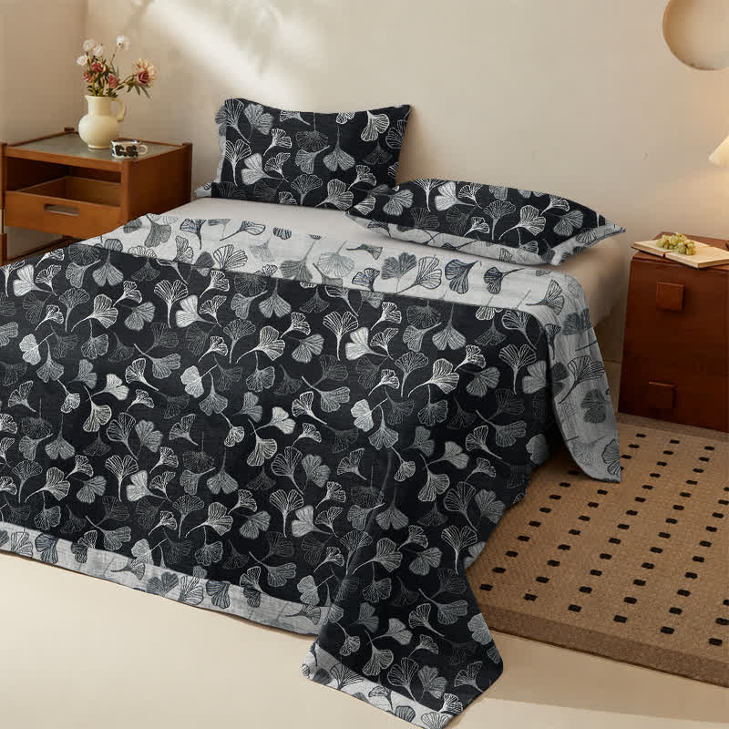 Vintage Black Ginkgo Leaf Reversible Cotton Bedding Set - Black - Bedspread with 2PCS Pillowcases - King - image 0