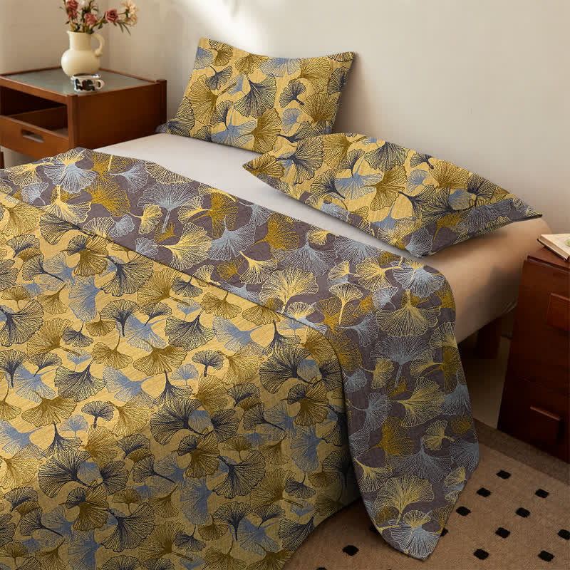 Golden Ginkgo Leaf Cotton Bedding Set - Yellow - Bedspread with 2PCS Pillowcases - King - image 0