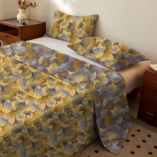 Golden Ginkgo Leaf Cotton Bedding Set - Yellow - Bedspread with 2PCS Pillowcases - King - image 0