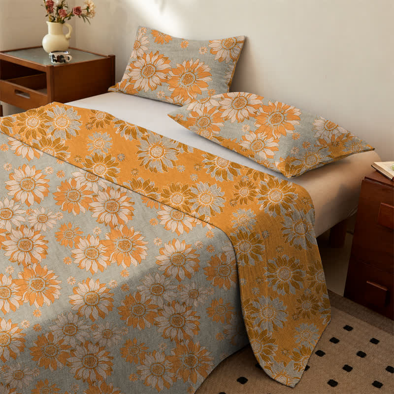 Sunflower Garden Cotton Gauze Bedspread - Grey - Bedspread with 2PCS Pillowcases - King - image 5