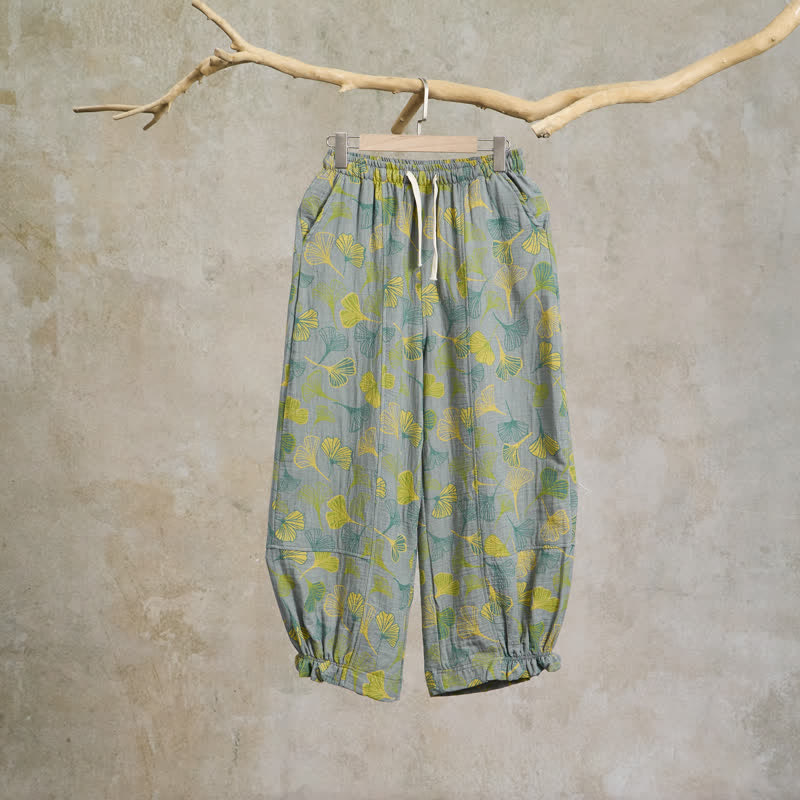 Green Ginkgo Leaf Cotton Pajama Pants - Light Gray - XXL - image 5