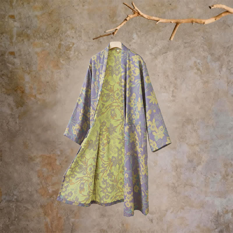 Pastoral Floral Jacquard Kimono Cotton Robe - Purple - XXL - image 12