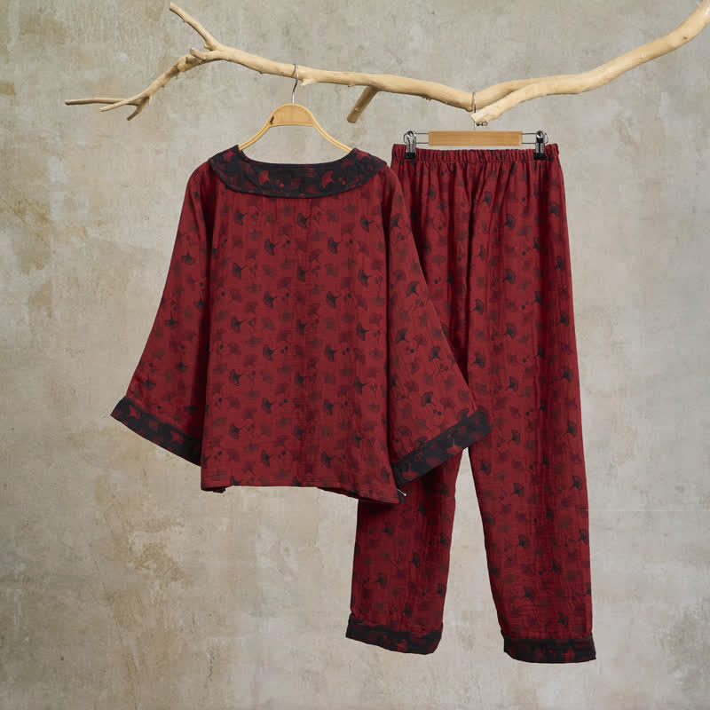 Ginkgo Leaf Oriental Tassel Cotton Pajamas - image 1