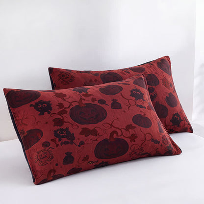 Burgundy Pumpkin Halloween Reversible Cotton Blanket - Red - 2PCS Pillowcases - 20" x 36" - image 4
