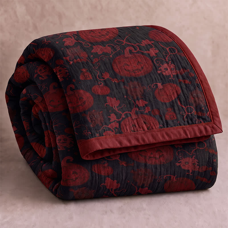 Burgundy Pumpkin Halloween Reversible Cotton Blanket - Black - Blanket - 92" x 104" - image 5
