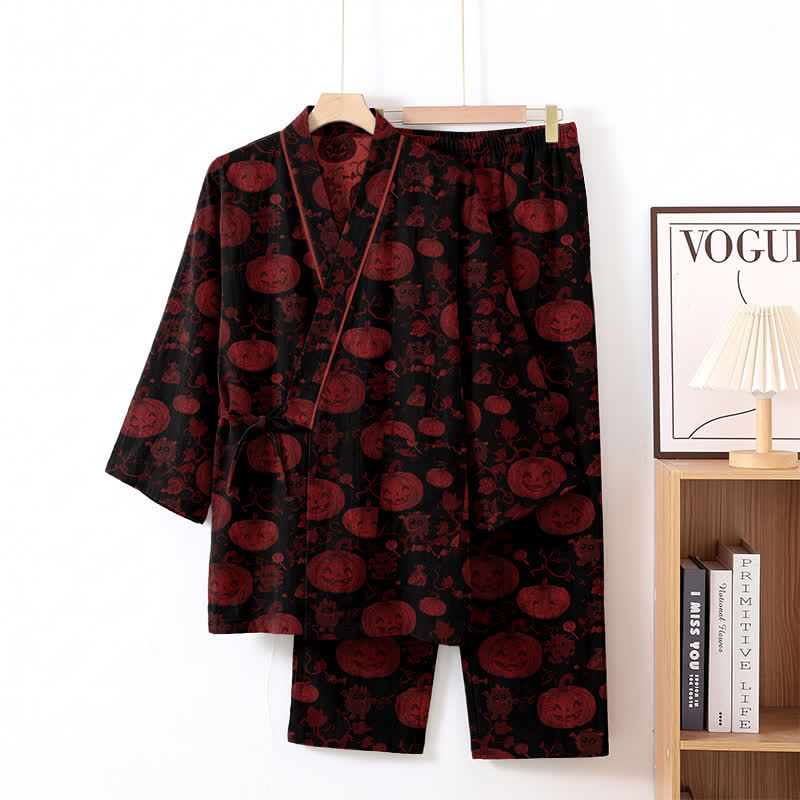Halloween Pumpkin Cotton Kimono Pajama Set - Black - XL - image 6